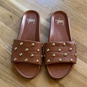 beek Tan Slide Sandals with Gold Studs